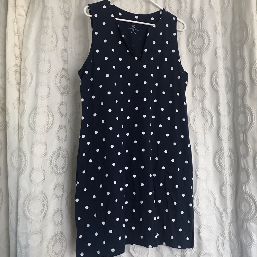 Lands’ End Cotton Navy Polka Dot Dress